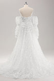 White A Line Strapless Applique Lace Wedding Dress with Detachable Sleeves